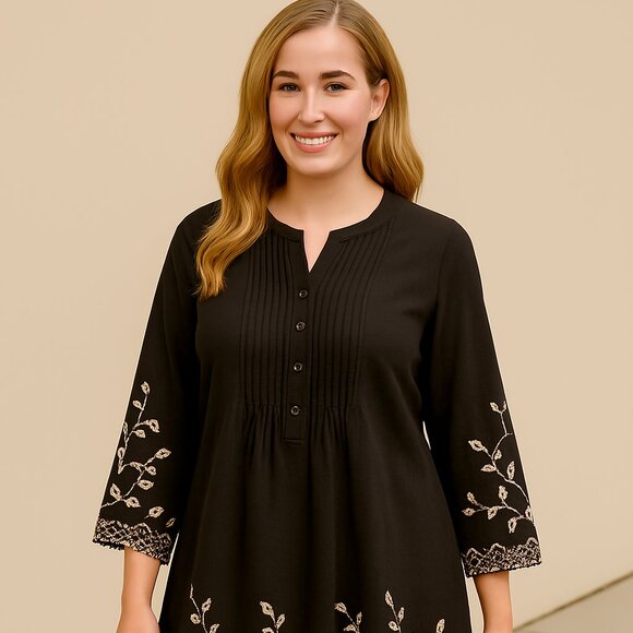 Reborn Pintuck Tunic Top w Floral Embroidery detail Y2K Size Med - Picture 7 of 7